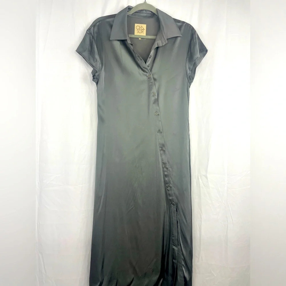 NWT Chaser Silky Shiny Gray Short Sleeve Beck Midi Shirt Dress Size Small
